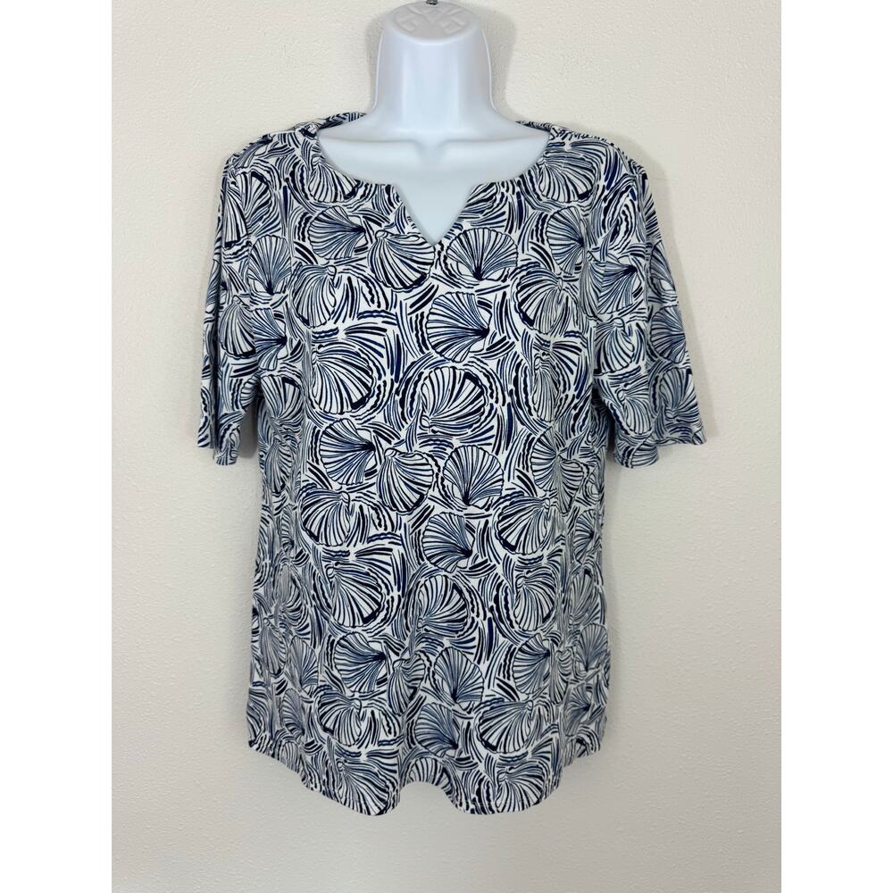 Croft & Barrow Navy White Seashell Print Short Sleeve Cotton Top Size Medium